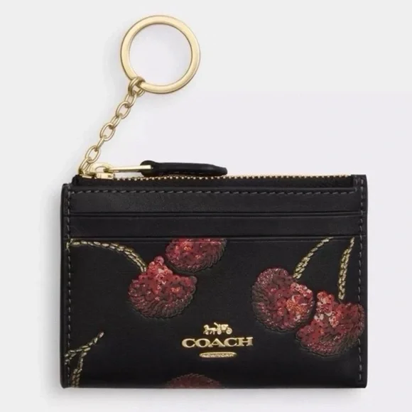 COACH Mini Skinny Id Case Leather Cherry Print Cardholder Keychain Wallet NWT